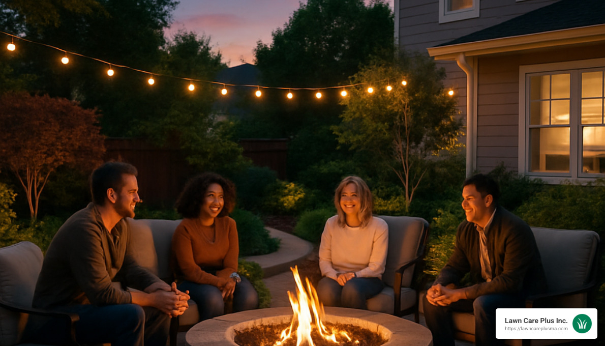 backyard gathering around a fire pit at dusk - hardscape landscaping near me