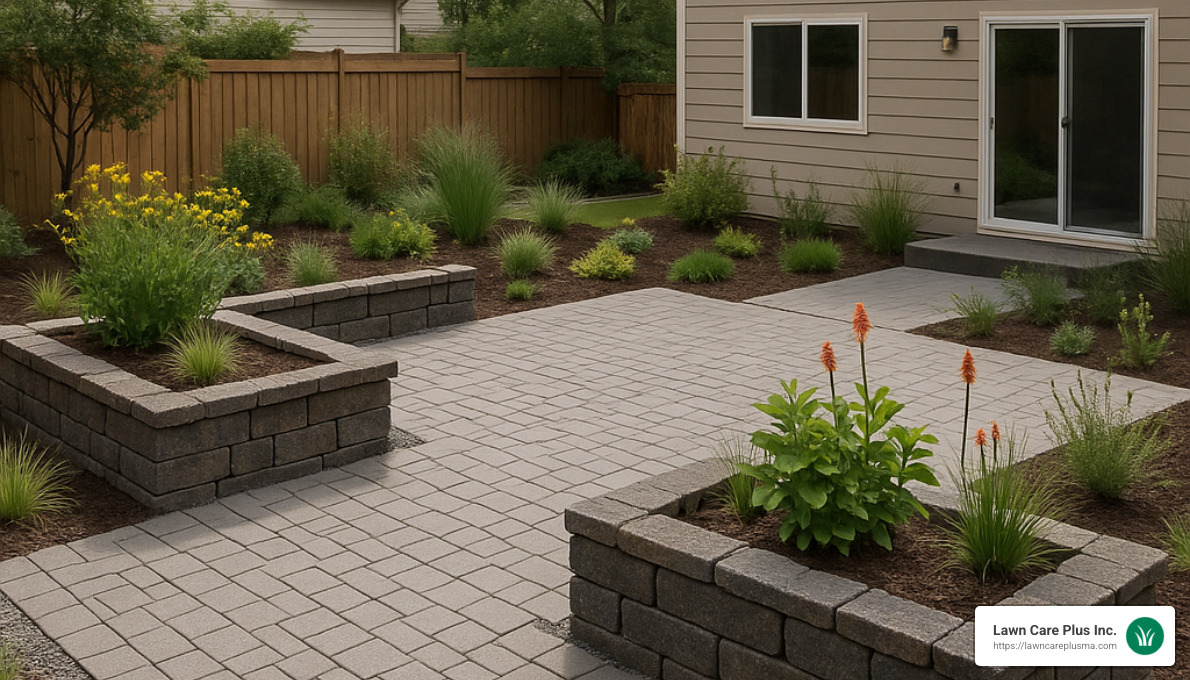 hardscape patio with integrated sustainable features - hardscape landscaping near me