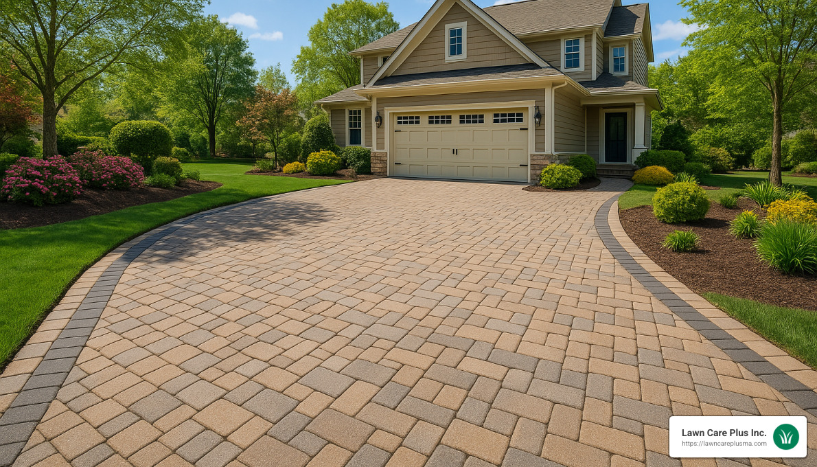 neat paver driveway with decorative border - hardscape landscaping near me