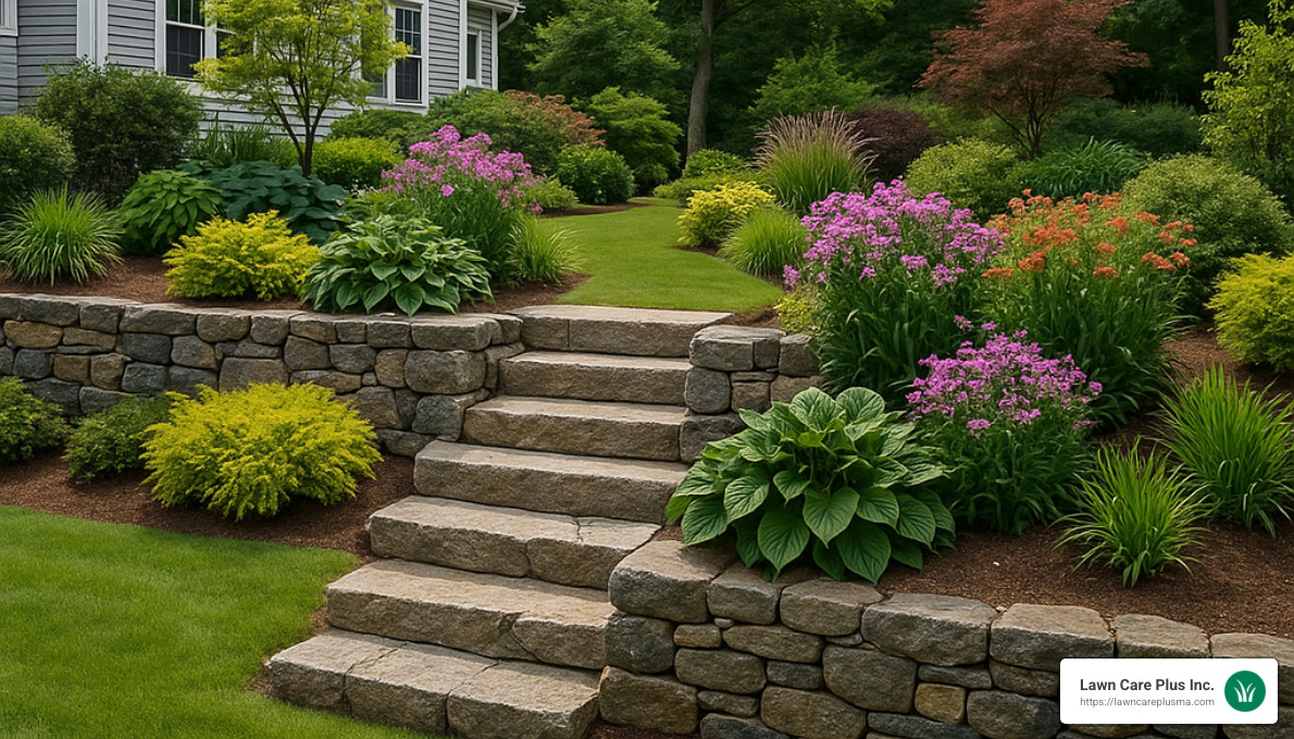 stone retaining wall with integrated steps and plantings - hardscape landscaping near me