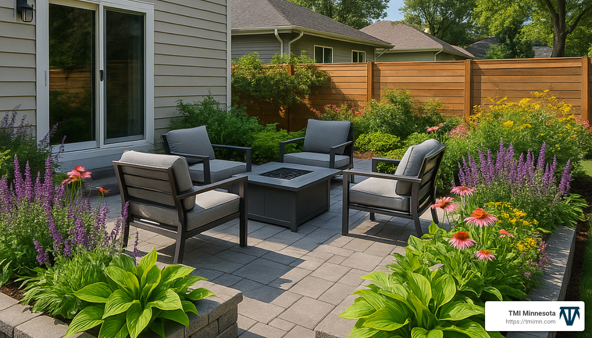 patio with integrated planting areas showing harmony between hardscape and softscape - Hardscape design services