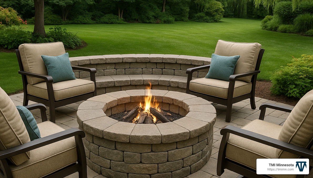 custom stone fire pit with seating area - Hardscape design services