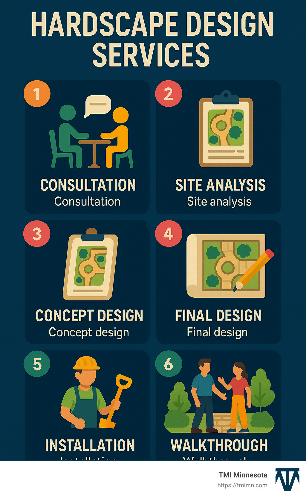 Infographic showing 6 steps of hardscape design process: consultation, site analysis, concept design, final design, installation, and walkthrough - Hardscape design services infographic 