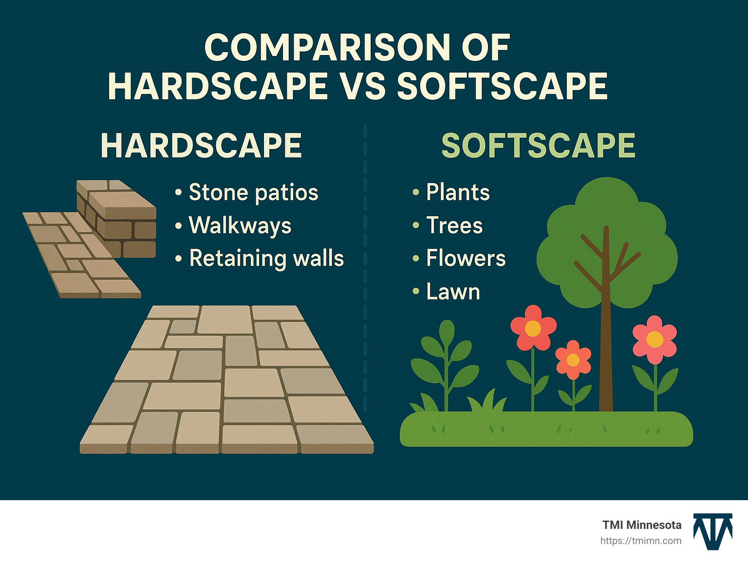 Comparison of hardscape vs softscape elements showing stone patios, walkways and retaining walls as hardscape on left side, and plants, trees, flowers and lawn as softscape on right side - Hardscape design services infographic 