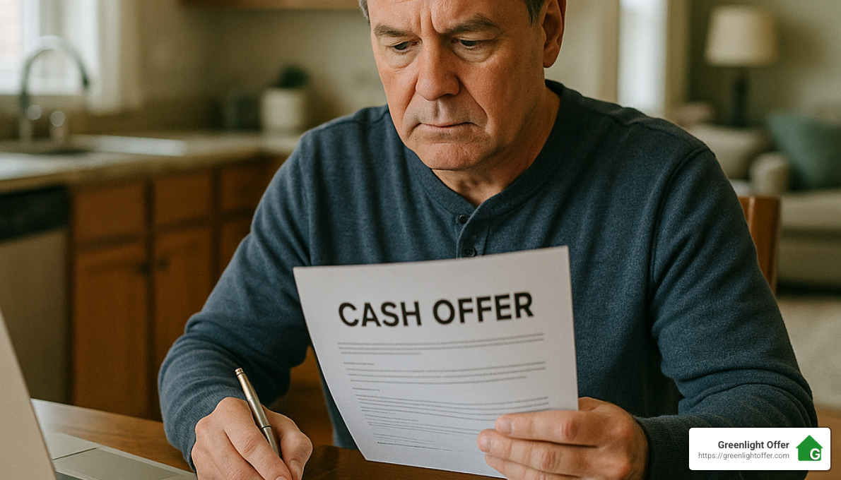 Man reviewing a cash offer document at home, reflecting on the no-obligation cash offer process by Greenlight Offer for homeowners.