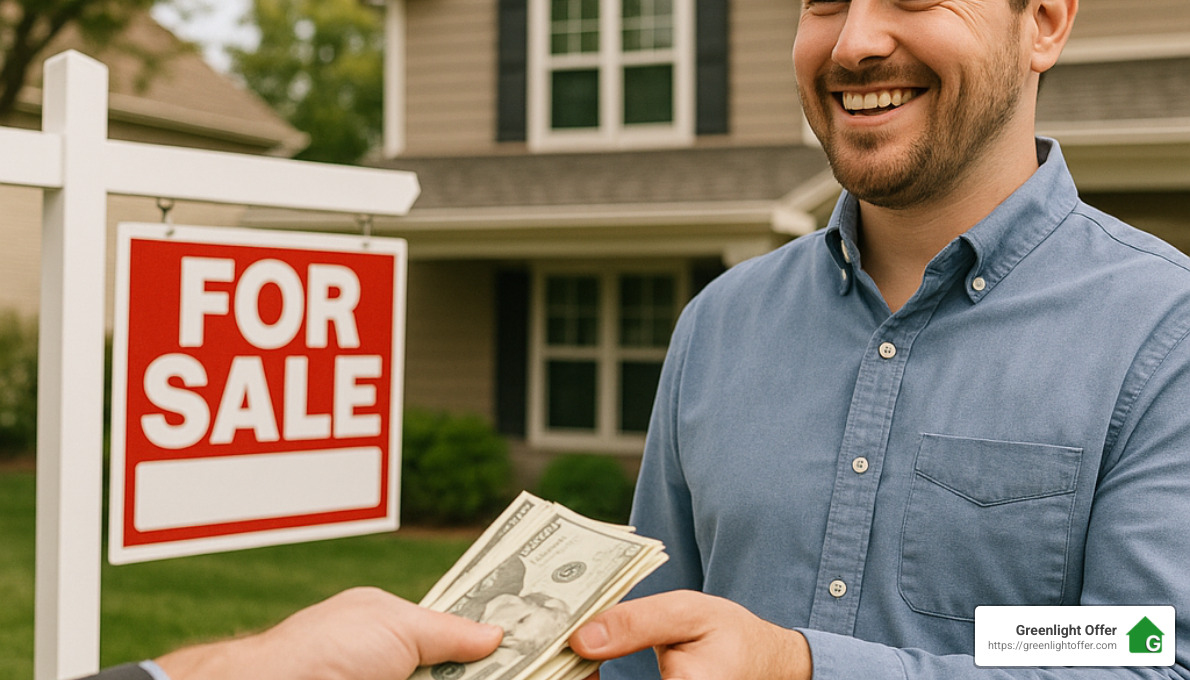 Smiling man receiving cash in front of a "For Sale" sign, illustrating the concept of no-obligation cash offers for homes by Greenlight Offer.