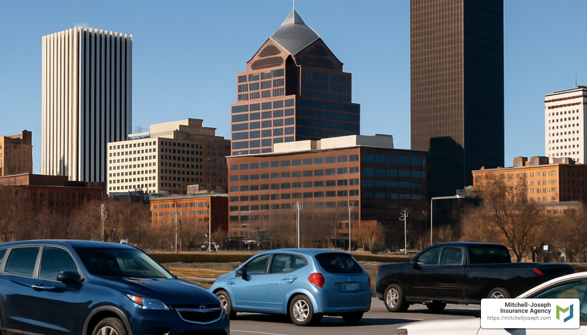 Rochester NY skyline with cars in foreground - metlife auto insurance rochester ny