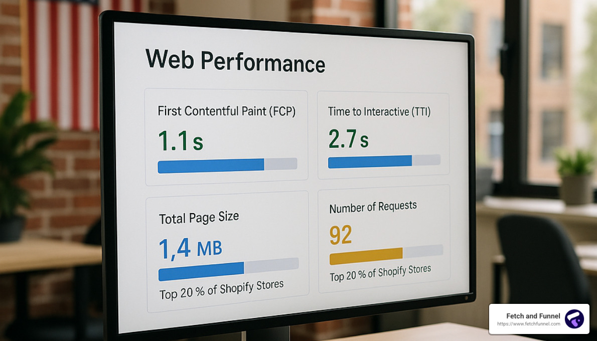 Performance testing dashboard showing metrics like FCP, TTI, and page weight with comparison to industry benchmarks - increase shopify store speed