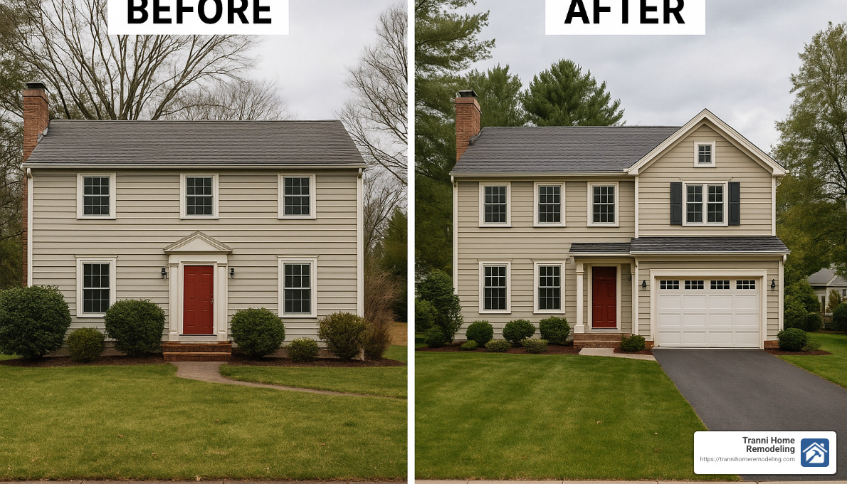 before and after images of home with new two-story garage addition - 2 story attached garage addition