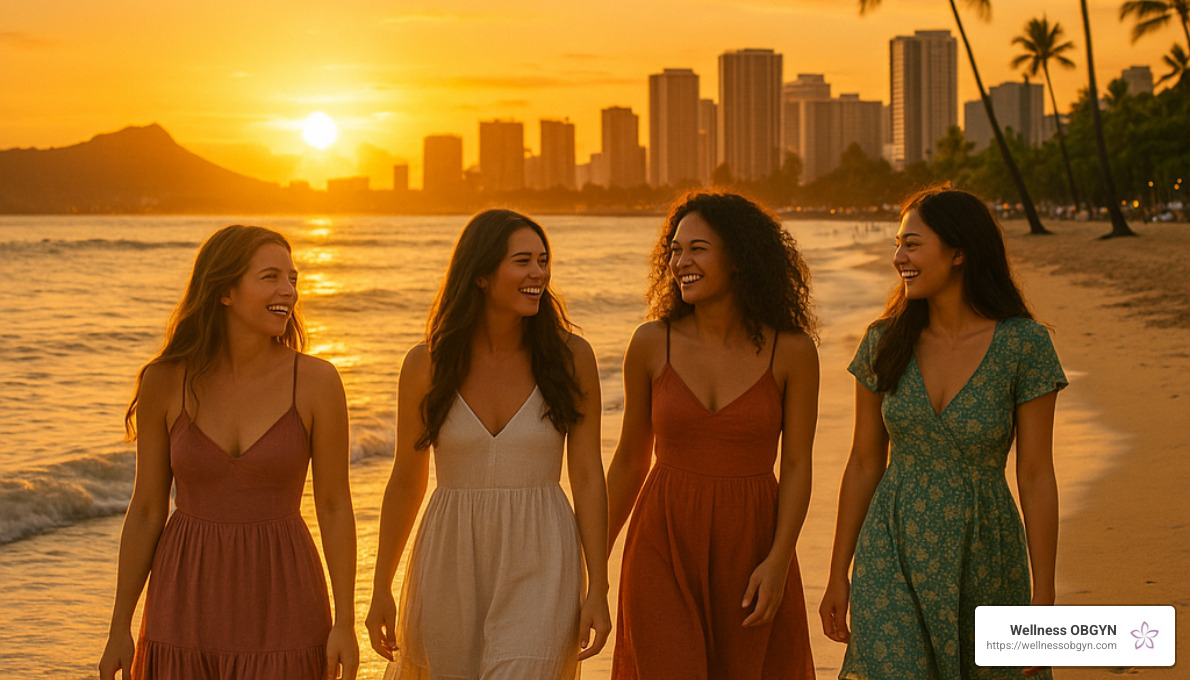 Beautiful sunset over Honolulu with women walking on beach - holistic obgyn honolulu Beautiful sunset over Honolulu with women walking on beach - holistic obgyn honolulu