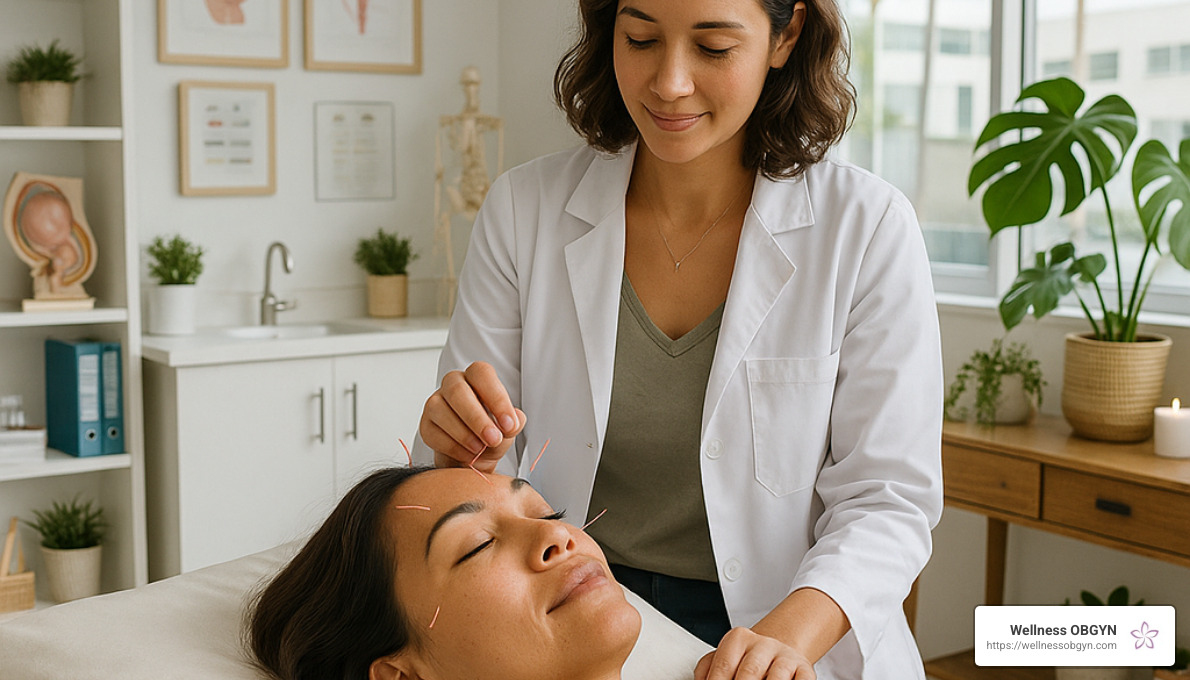 Woman receiving acupuncture treatment at holistic OBGYN office - holistic obgyn honolulu Woman receiving acupuncture treatment at holistic OBGYN office - holistic obgyn honolulu