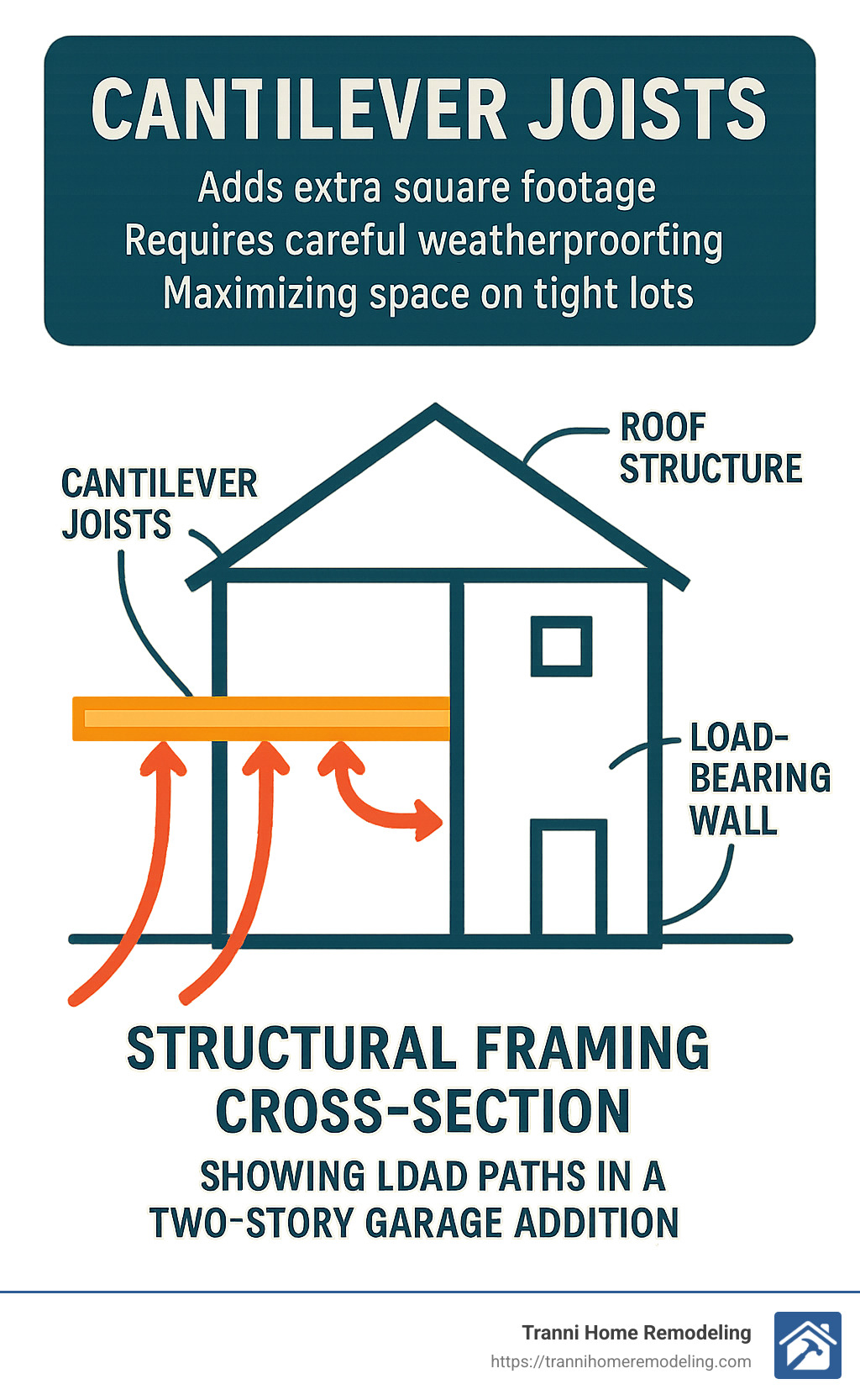 structural framing cross-section showing load paths in a two-story garage addition - 2 story attached garage addition infographic