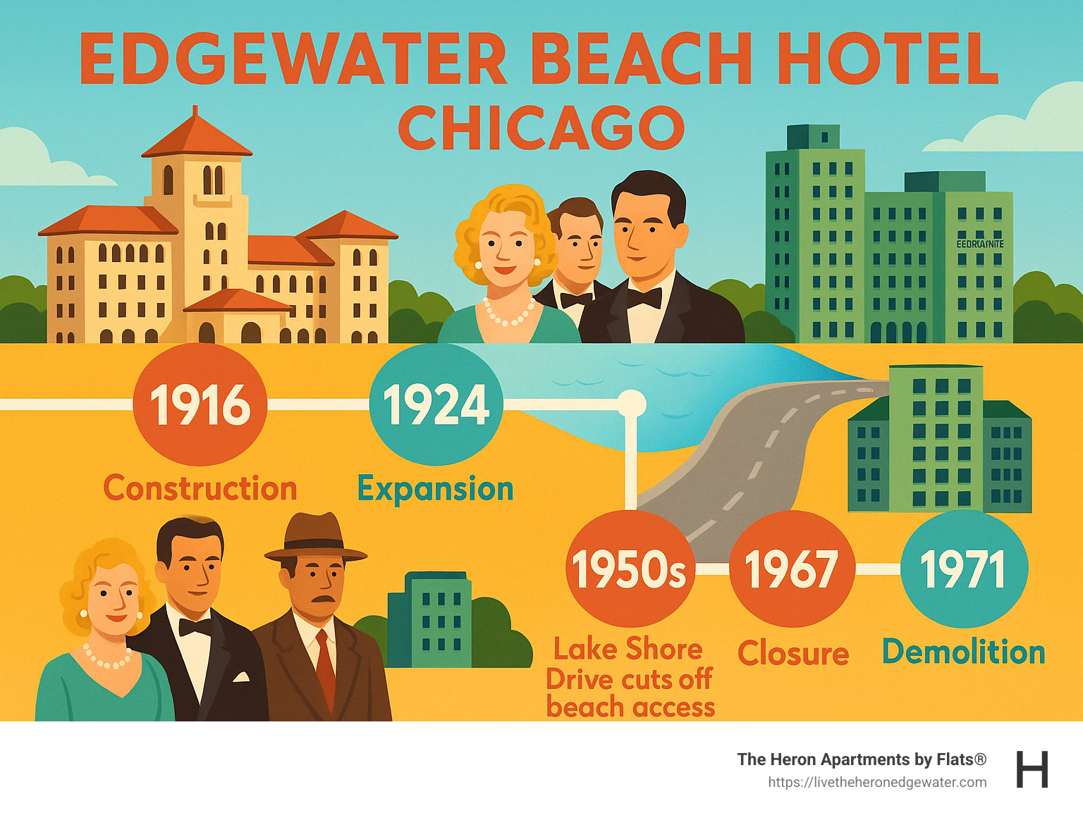 Timeline infographic showing the Edgewater Beach Hotel history from 1916 construction through 1924 expansion, 1950s Lake Shore Drive extension cutting off beach access, 1967 closure, and 1971 demolition, with images of the original Spanish Revival architecture, celebrity guests, and remaining Edgewater Beach Apartments - edgewater beach hotel chicago infographic 