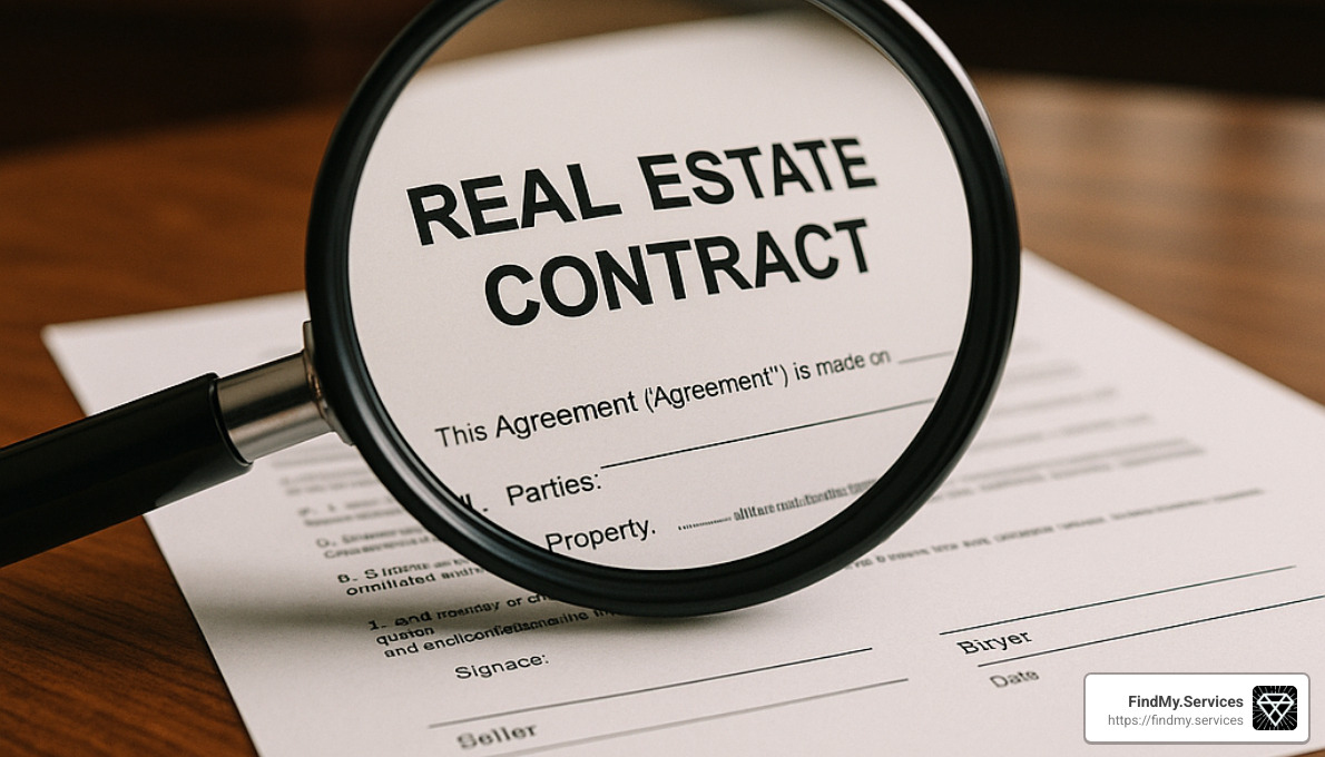 magnifying glass examining real estate contract - experienced real estate lawyers