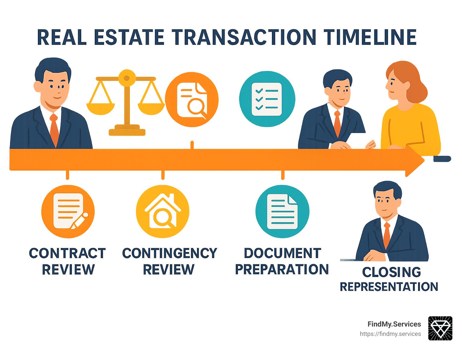 Real estate transaction timeline showing attorney involvement from contract review through closing, highlighting key legal protection points including title search, contingency review, document preparation, and closing representation - experienced real estate lawyers infographic 