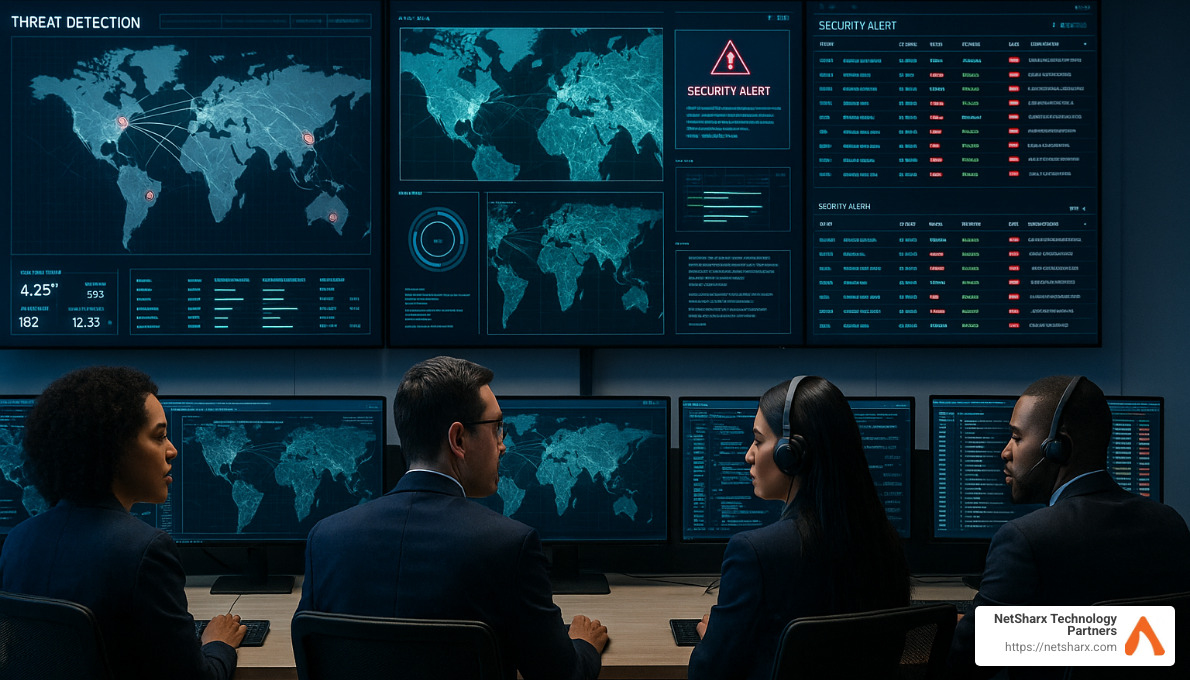 MDR provider security operations center with analysts monitoring multiple screens - managed detection and response providers