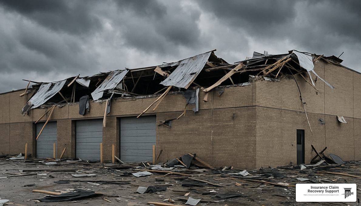 commercial building with tornado damage to roof - tornado damage claim problems
