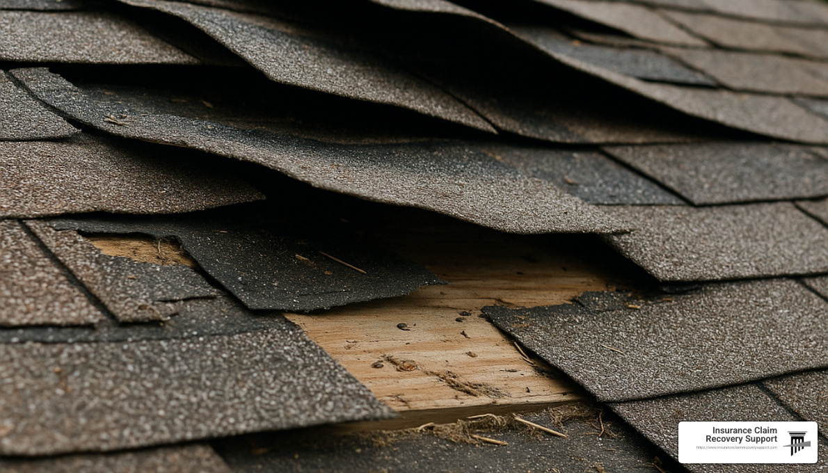 roof damage showing wind uplift evidence - tornado damage claim problems