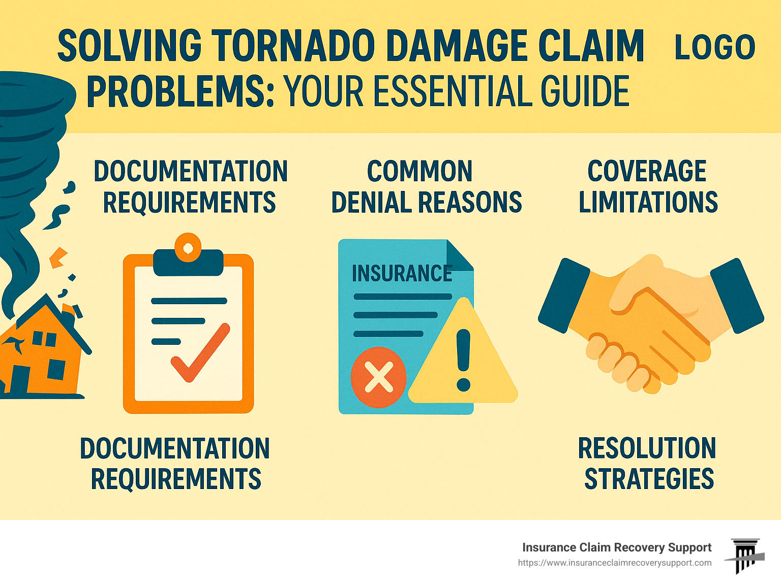 Tornado damage insurance claim process showing documentation requirements, common denial reasons, coverage limitations, and resolution strategies - tornado damage claim problems infographic 