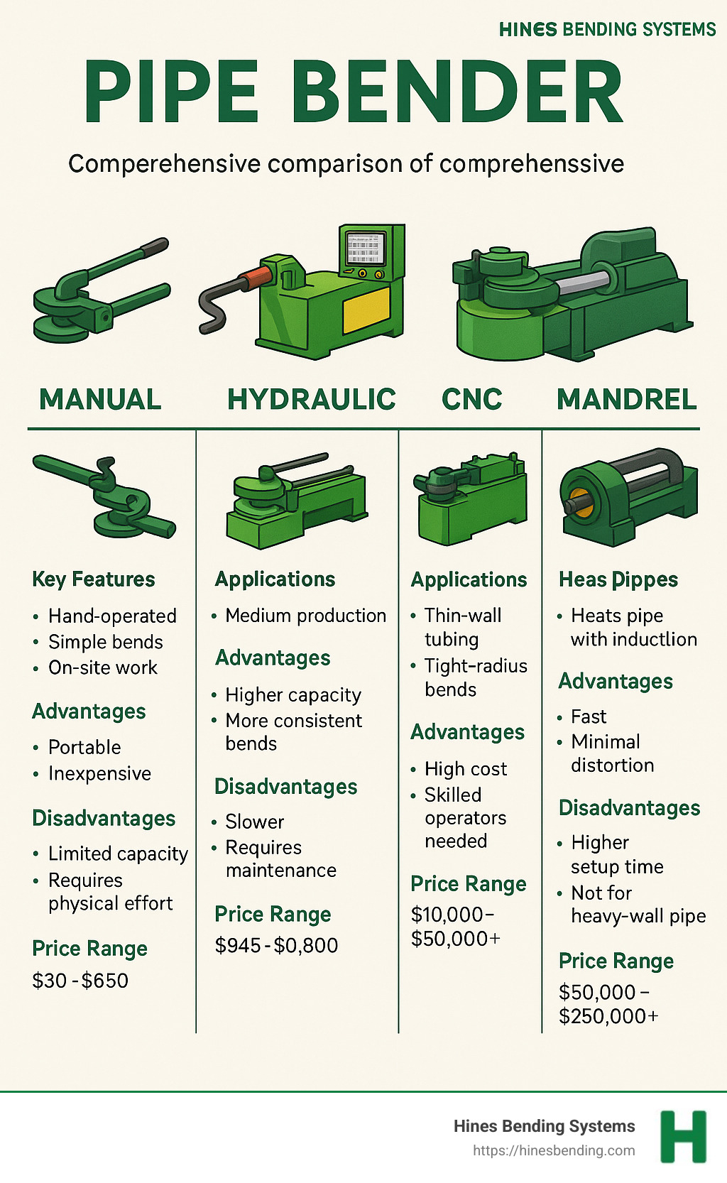 Comprehensive comparison of pipe bender types showing manual, hydraulic, CNC, mandrel and induction benders with their key features, applications, advantages, disadvantages, and typical price ranges organized in columns with visual representations of each bender type - pipe bender infographic 