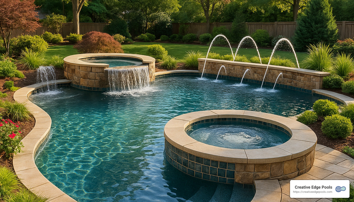 gunite pool with integrated spa and water features - gunite pool builder