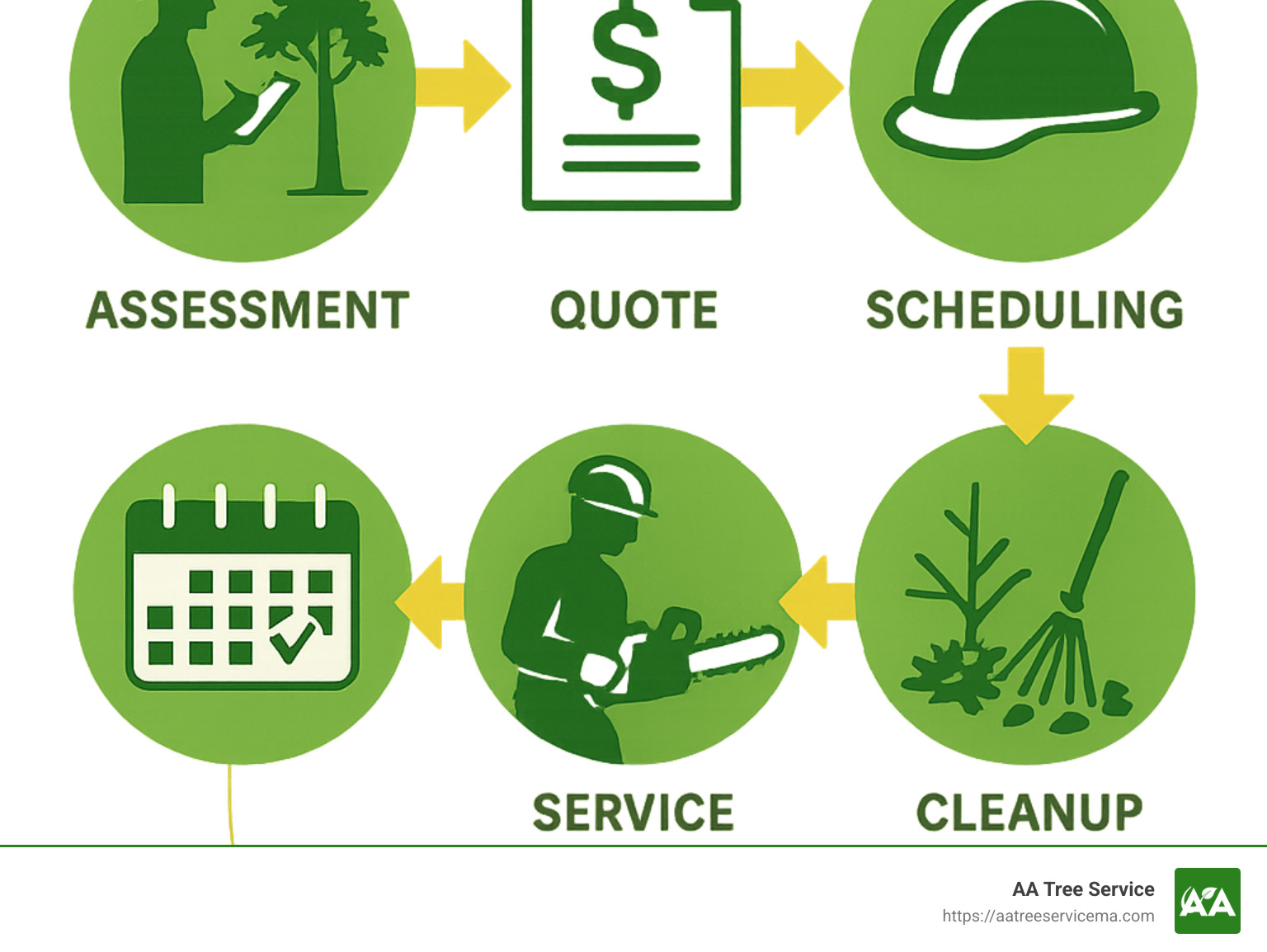 End-to-end tree service workflow showing assessment, quote, scheduling, safety preparation, service execution, cleanup, and follow-up care - local tree services infographic 