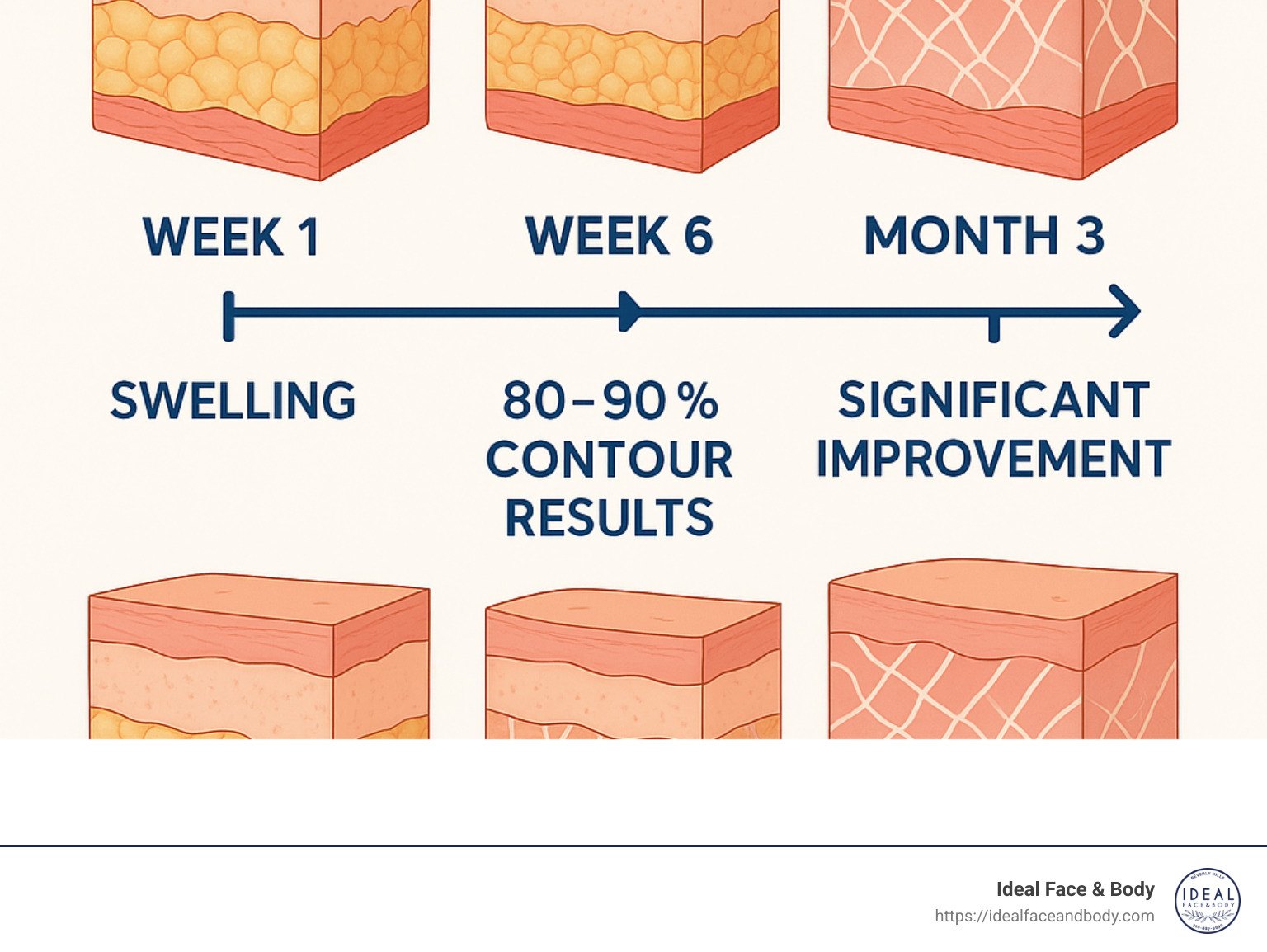 Timeline showing skin tightening progression after liposuction with week 1 showing swelling, week 6 showing 80-90% contour results, month 3 showing noticeable tightening, month 6 showing significant improvement, and month 12 showing final results, with accompanying illustrations of skin layer changes and collagen regeneration - skin tightening after liposuction infographic 
