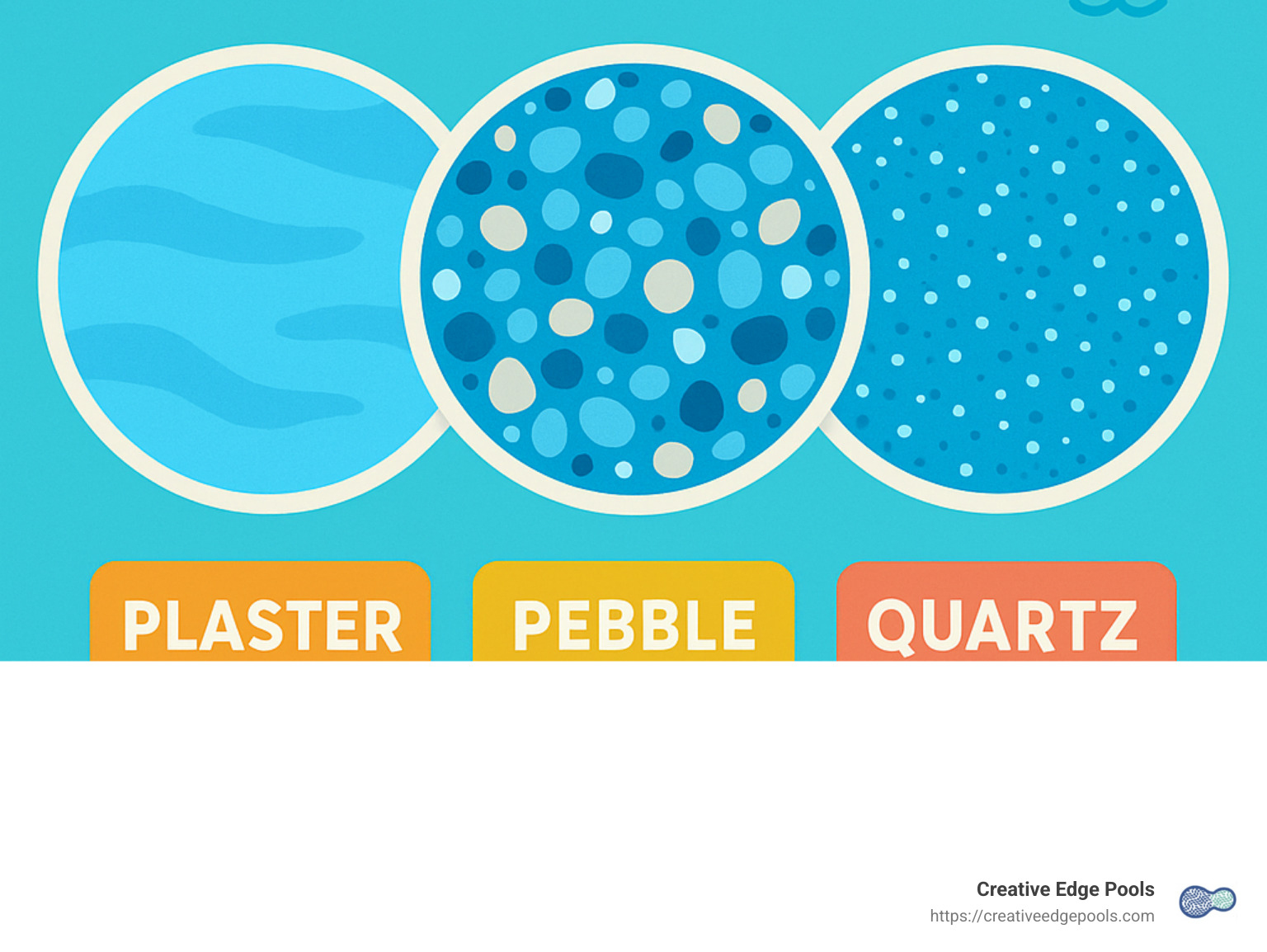 Comparison of different gunite pool finish options showing plaster, pebble, and quartz surfaces - gunite pool builder infographic 