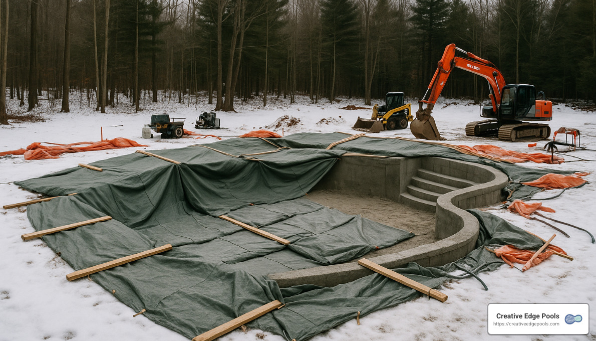 winterized construction site for gunite pool - gunite pool builder