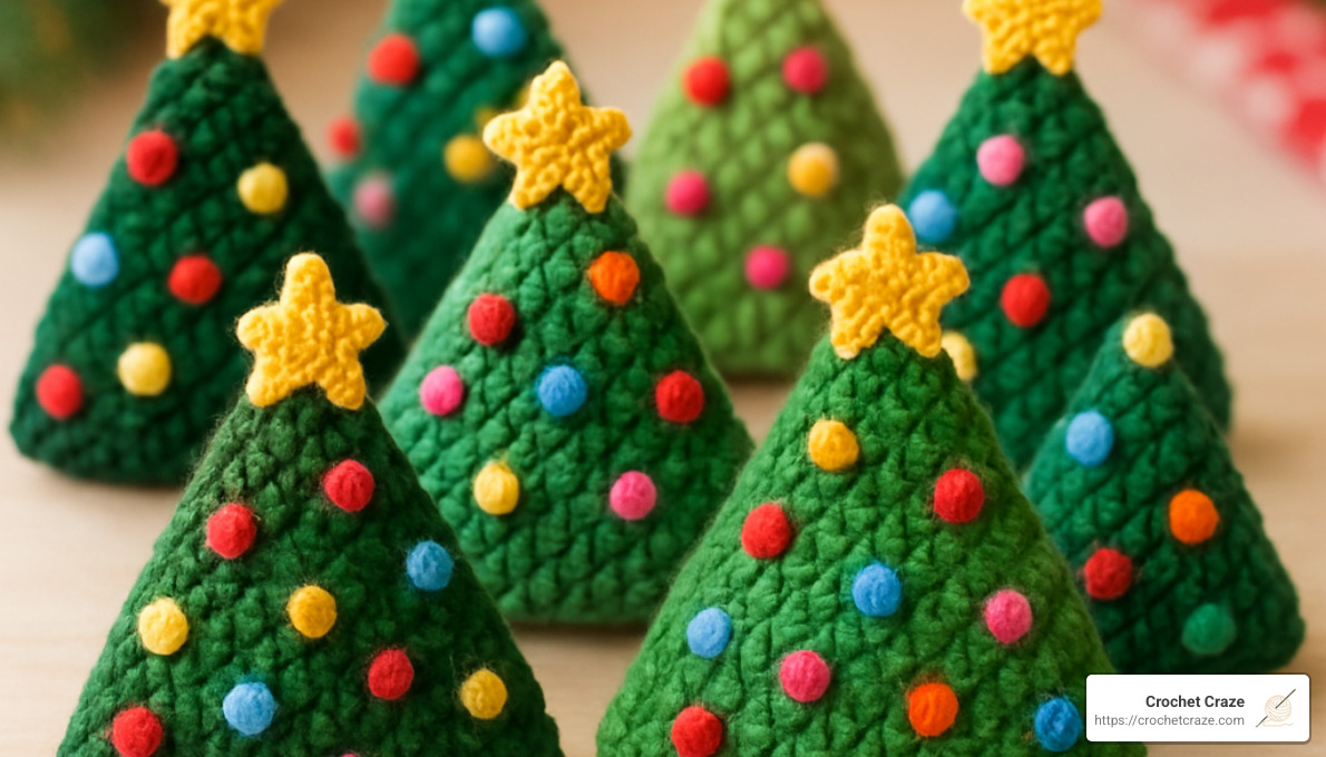 Collection of small crocheted triangle Christmas trees in different green shades with colorful decorations - christmas crochet projects for beginners