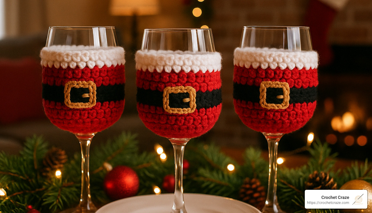 Crocheted Santa-themed wine glass holders on a festive holiday table setting - christmas crochet projects for beginners
