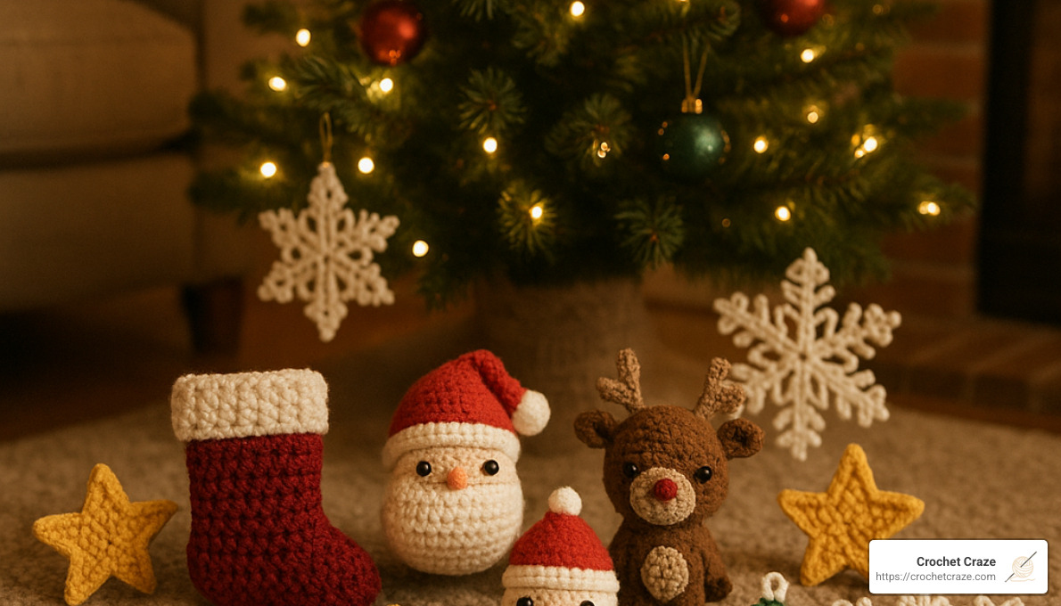 Completed collection of beginner Christmas crochet projects arranged under a Christmas tree - christmas crochet projects for beginners
