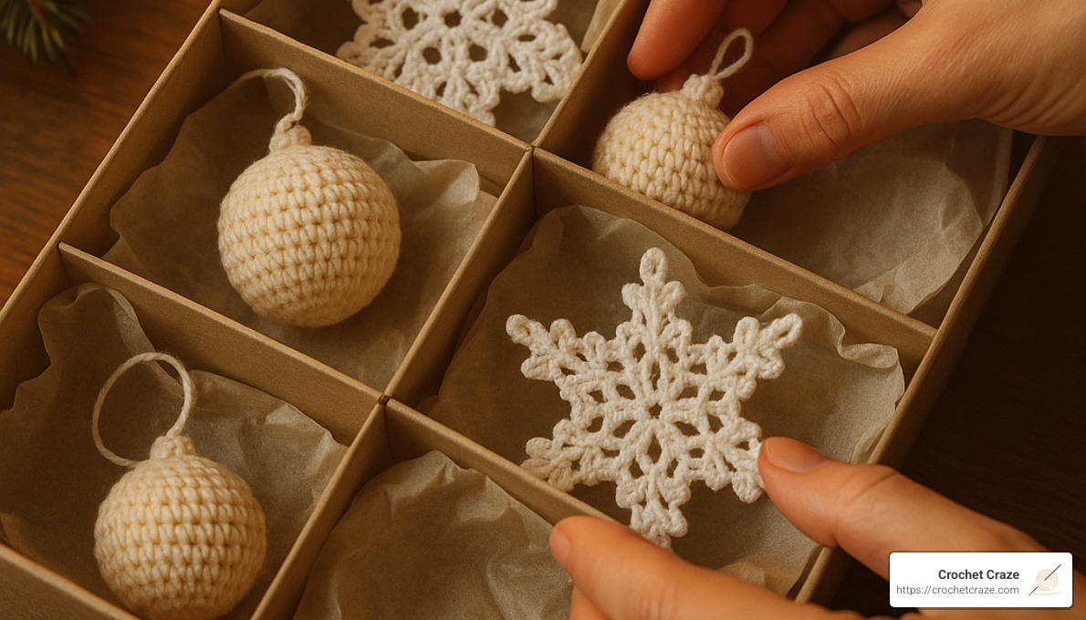 Christmas crochet ornaments being carefully stored in a compartmentalized box with tissue paper - christmas crochet projects for beginners