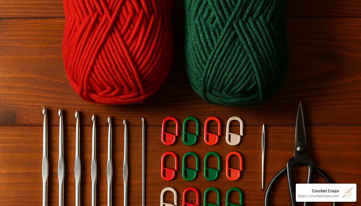 Crochet starter kit with festive red and green yarn, hooks, and basic tools - christmas crochet projects for beginners