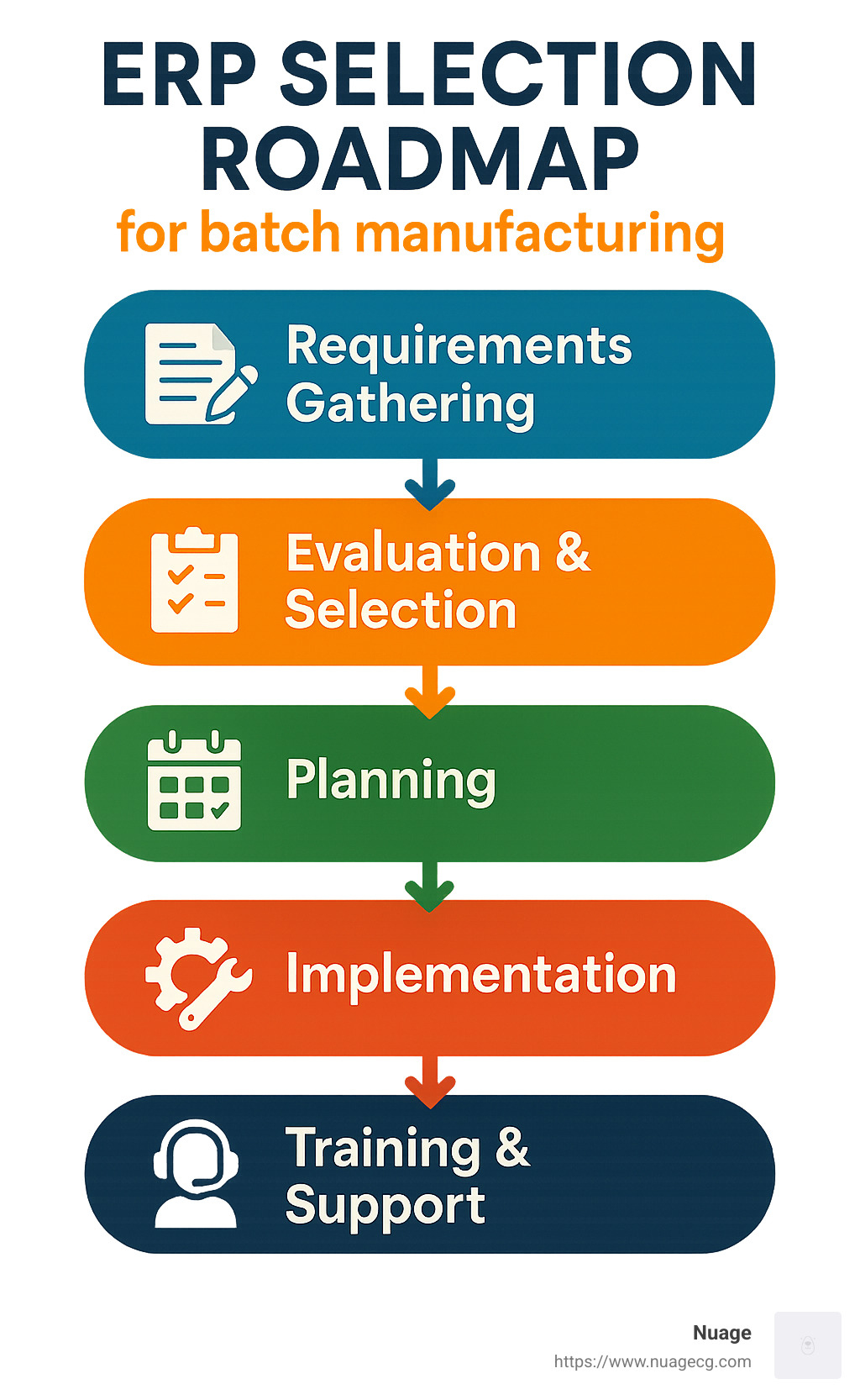 ERP selection roadmap showing steps from requirements gathering through implementation and support - ERP for batch manufacturing infographic 