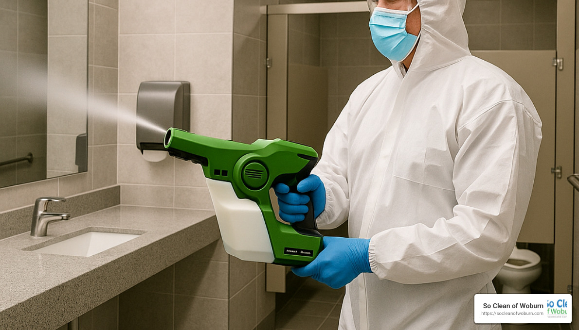 Electrostatic sprayer in use in commercial restroom - Commercial restroom cleaning services