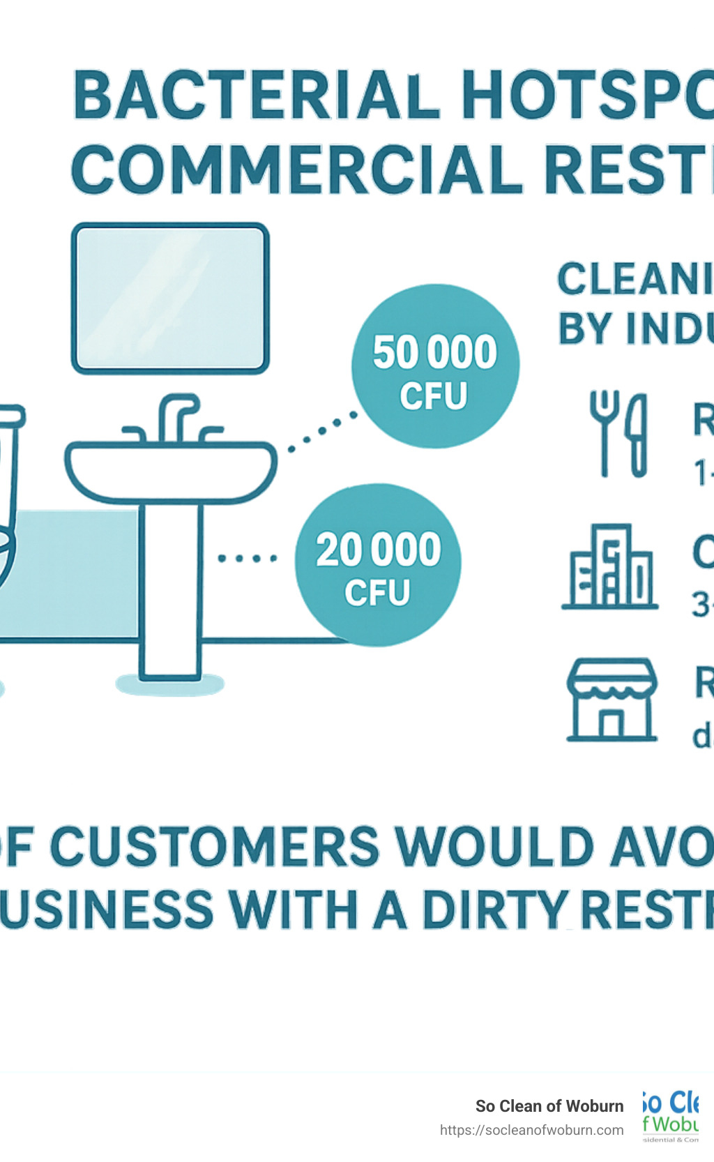 Infographic showing bacterial hotspots in commercial restrooms with comparative bacteria counts on different surfaces, cleaning frequency recommendations by industry type, and the 95% statistic about customers avoiding businesses with dirty restrooms - Commercial restroom cleaning services infographic 