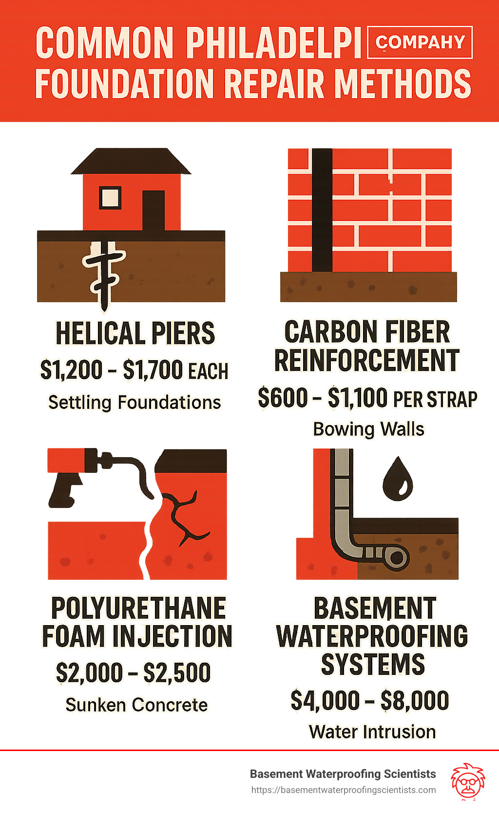 Common Philadelphia foundation repair methods showing helical piers, carbon fiber reinforcement, polyurethane foam injection, and basement waterproofing systems with cost ranges and typical applications for each method - philadelphia foundation repair infographic 