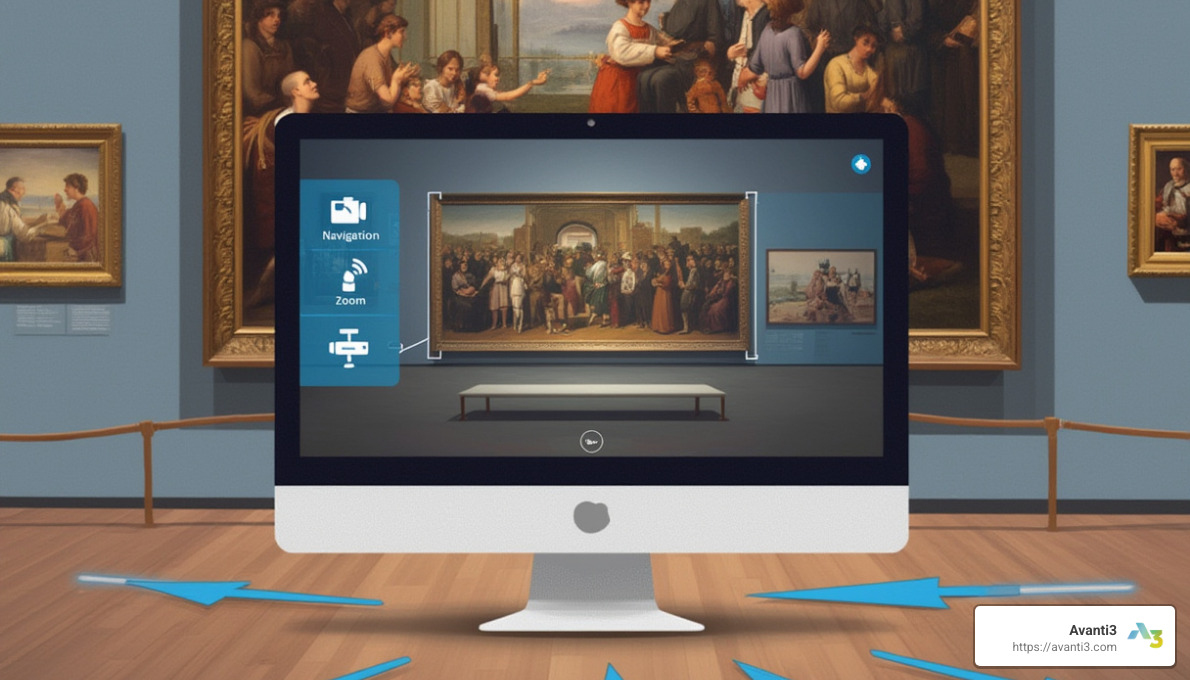 Virtual museum navigation interface showing controls and hotspots - virtual museum visit