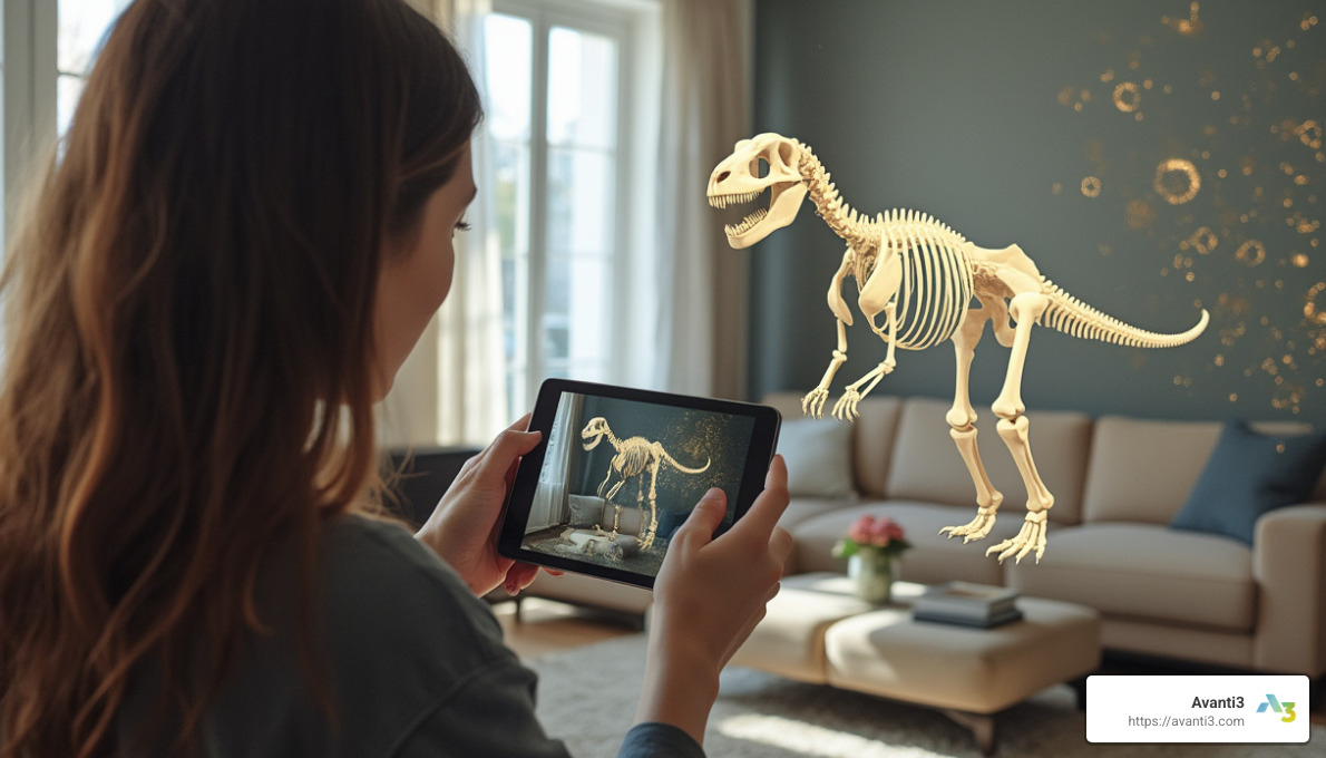 Augmented reality overlay showing museum artifact in home setting - virtual museum visit