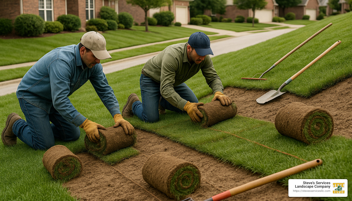 sod being installed on a slope to prevent erosion - sodding landscaping