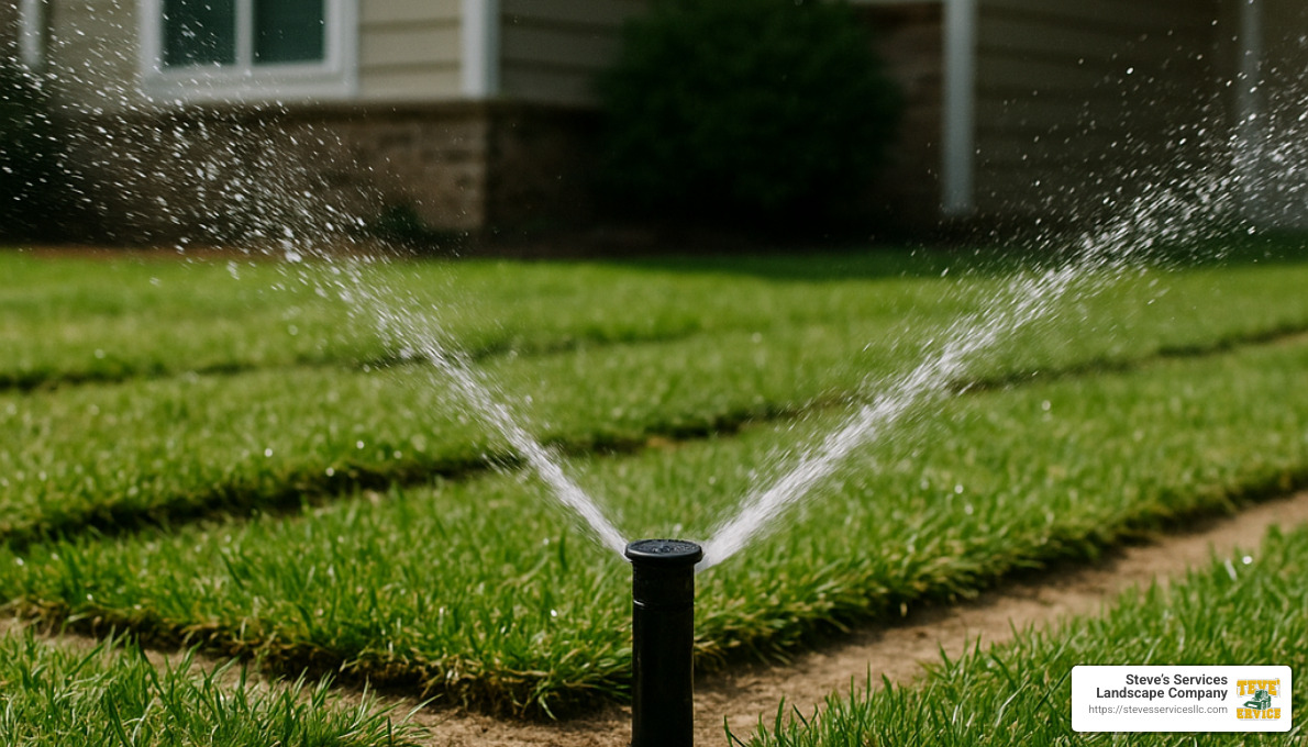 sprinkler watering newly installed sod - sodding landscaping