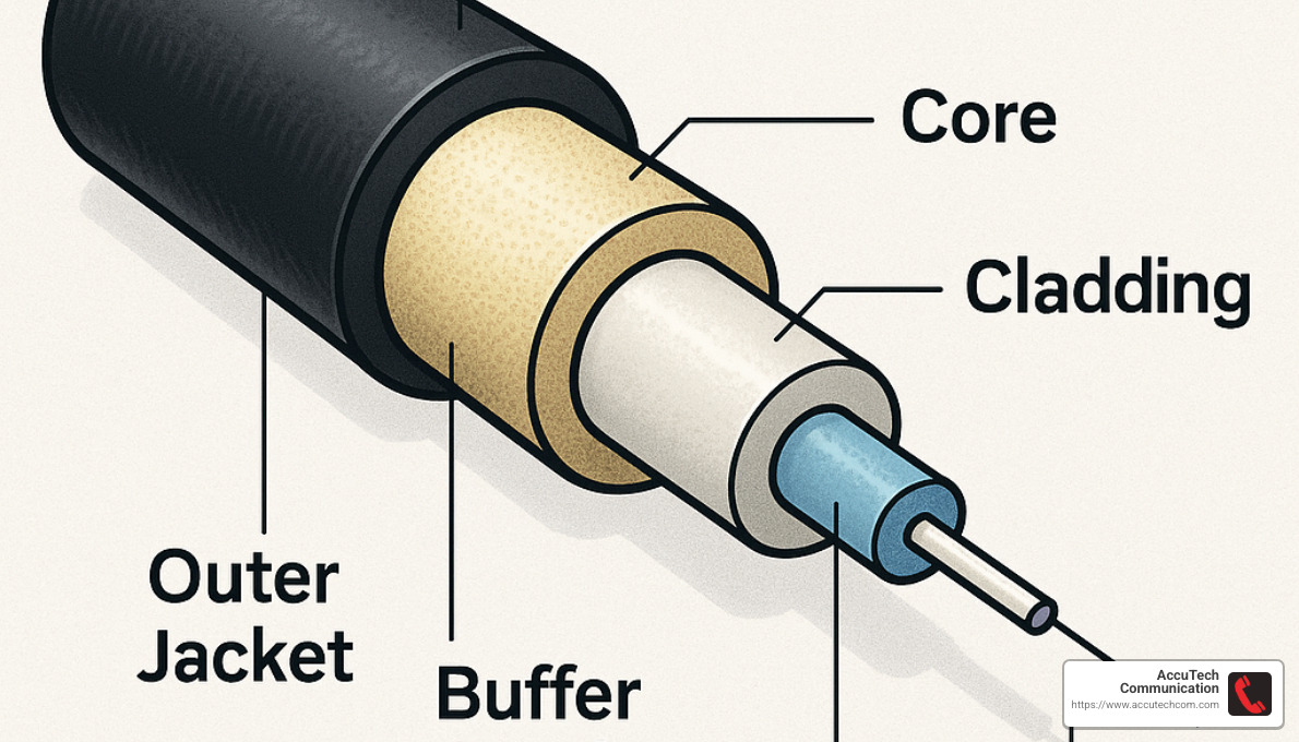 Fiber optic cable cross-section showing core, cladding and protective layers - communication systems