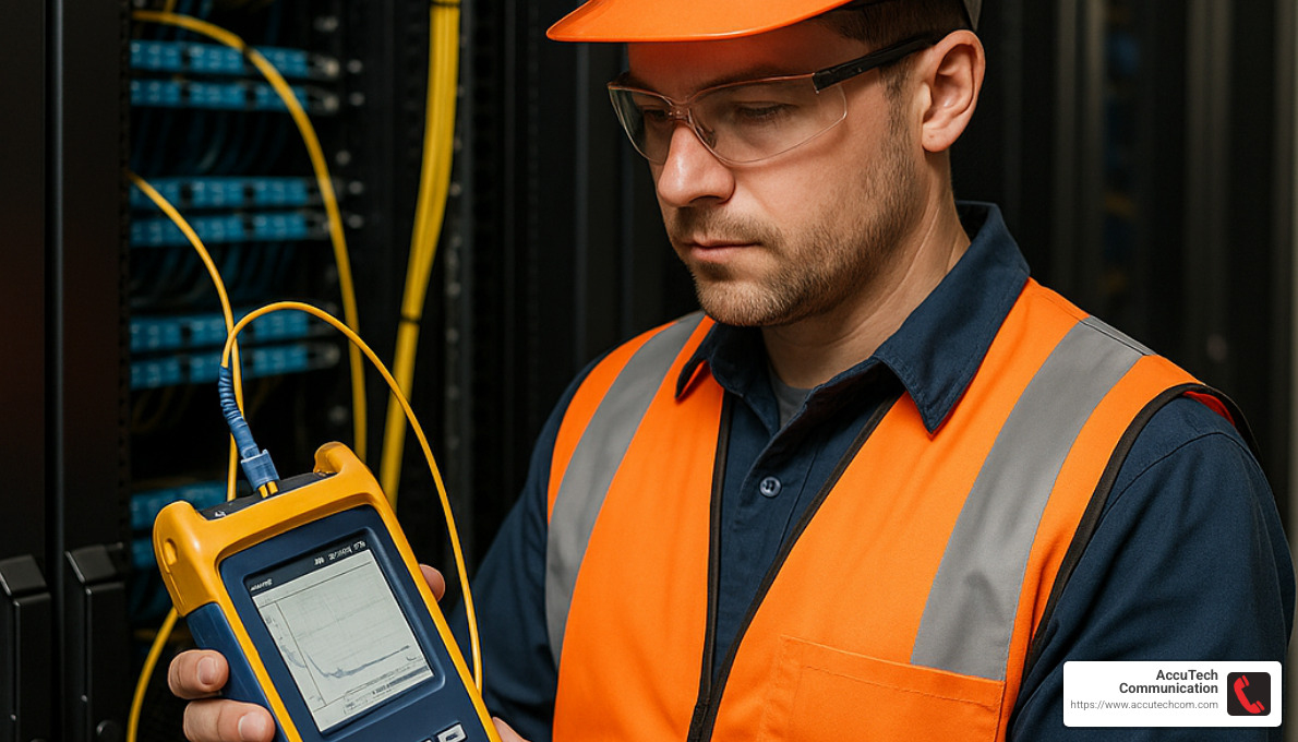 Technician certifying a fiber optic link with testing equipment - communication systems