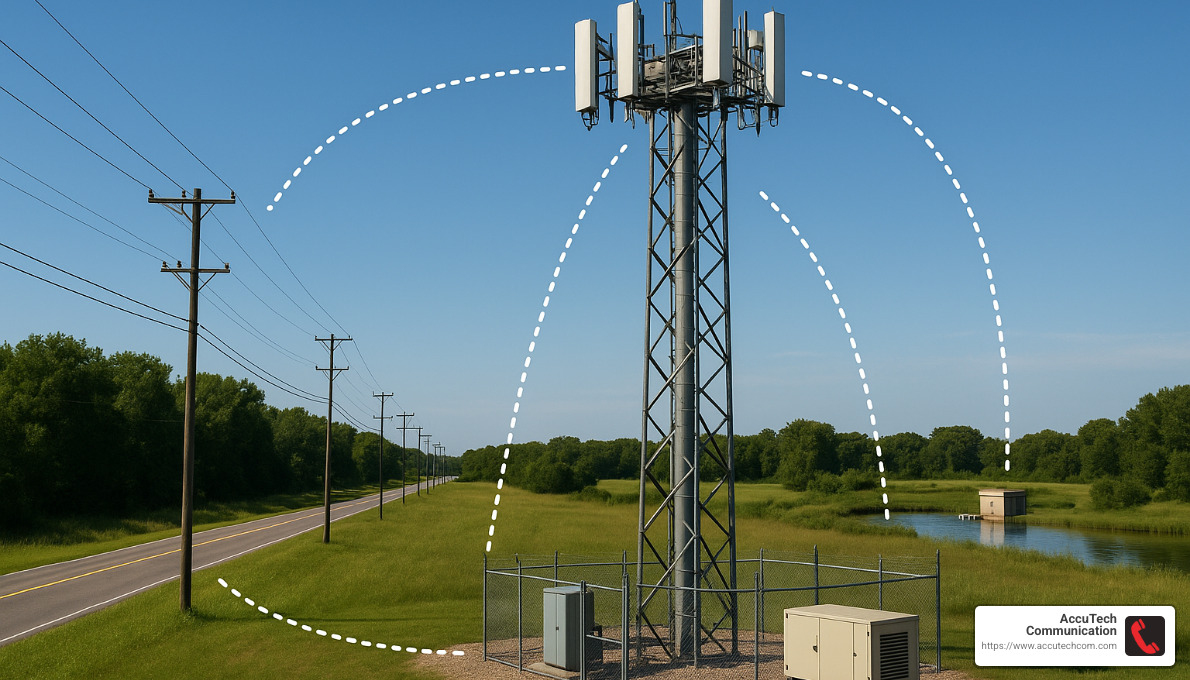 Cell tower with backup generator showing infrastructure interdependencies - communication systems