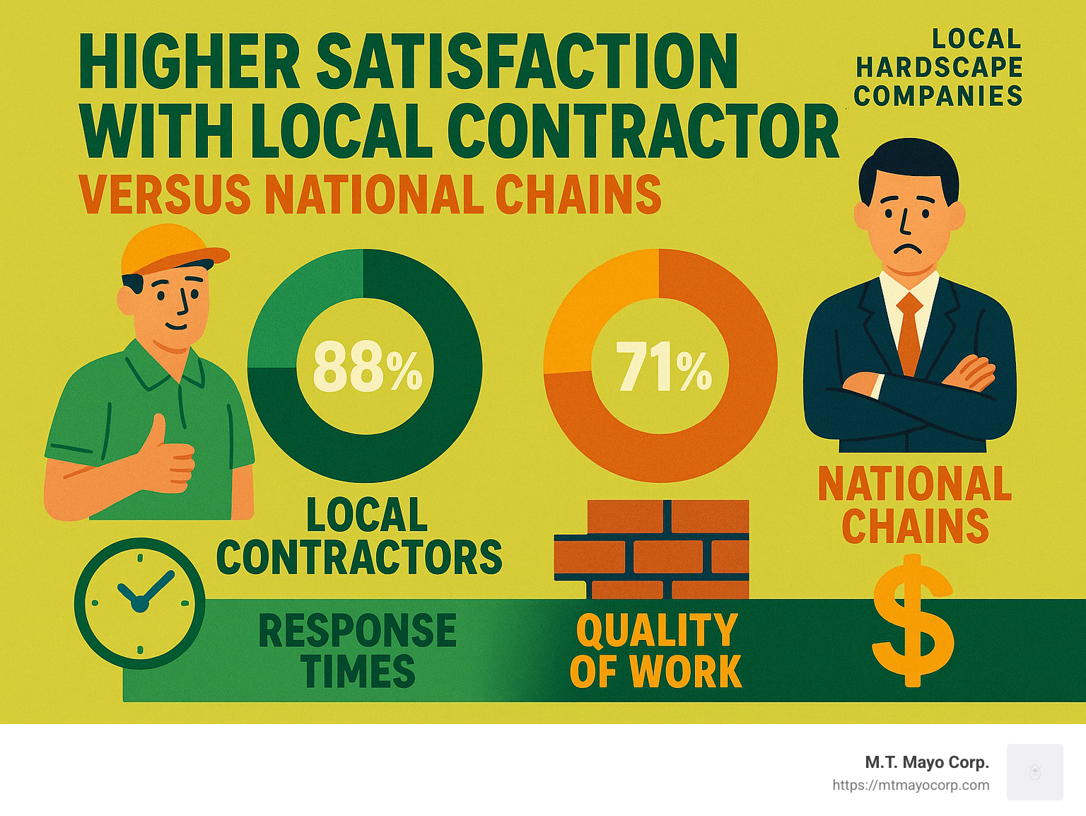 Statistics showing higher satisfaction rates with local contractors versus national chains, highlighting response times, quality of work, and value for money - local hardscape companies infographic