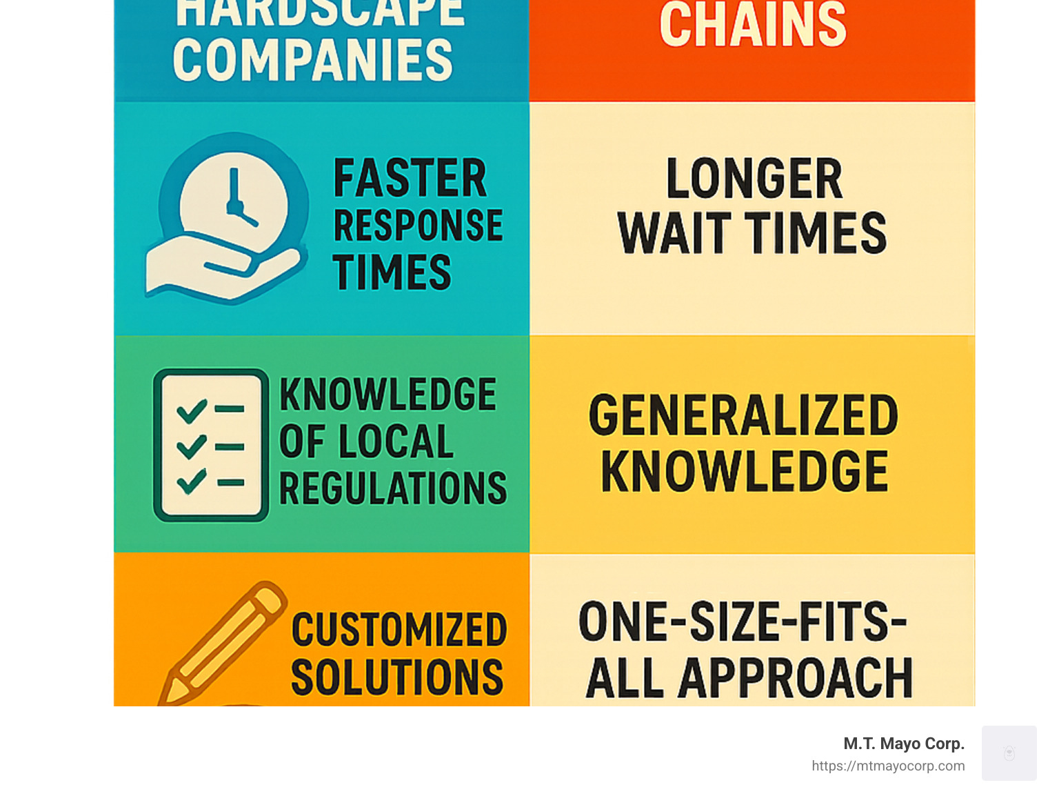 Detailed infographic showing the benefits of hiring local hardscape companies versus national chains, including comparison of response times, knowledge of local regulations, customized solutions, and community reputation - local hardscape companies infographic
