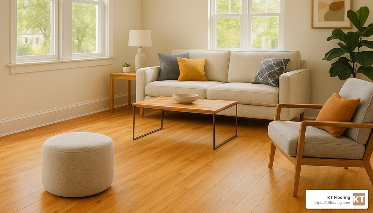living room with warm honey maple pattern linoleum flooring - waterproof linoleum flooring that looks like wood