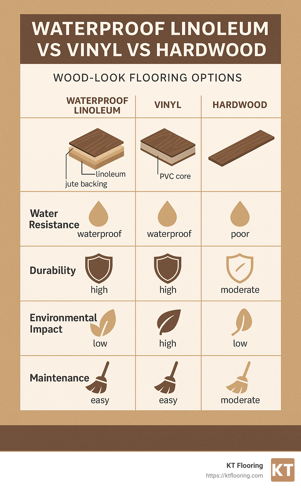 Comparison of waterproof linoleum vs vinyl vs hardwood showing composition, water resistance, durability, environmental impact, and maintenance requirements for wood-look flooring options - waterproof linoleum flooring that looks like wood infographic 