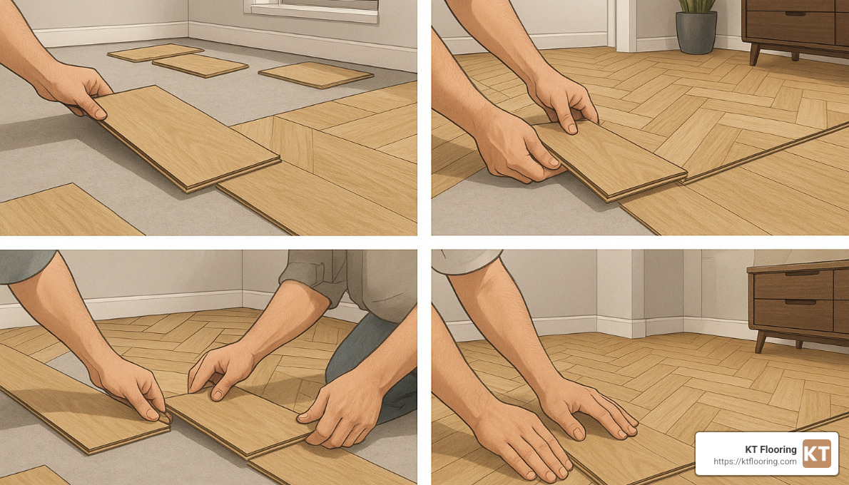 step-by-step illustration of click-lock linoleum plank installation - waterproof linoleum flooring that looks like wood